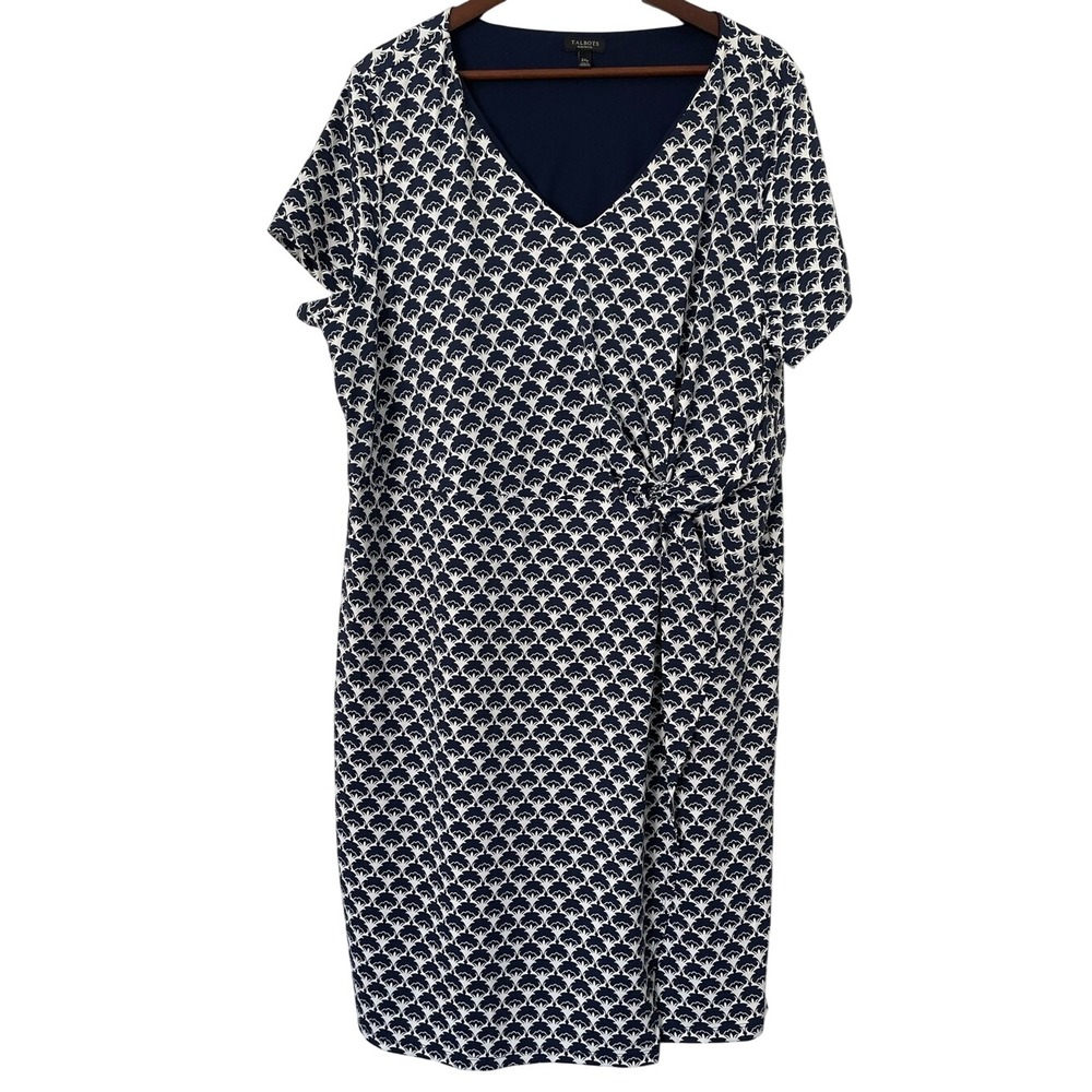 Talbots 2XP Plus Petite Navy White Faux Wrap Dress Tie Waist Stretch Midi Travel
